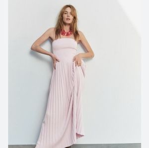 Zara light pink pleaded knit maxi dress strapless size Large